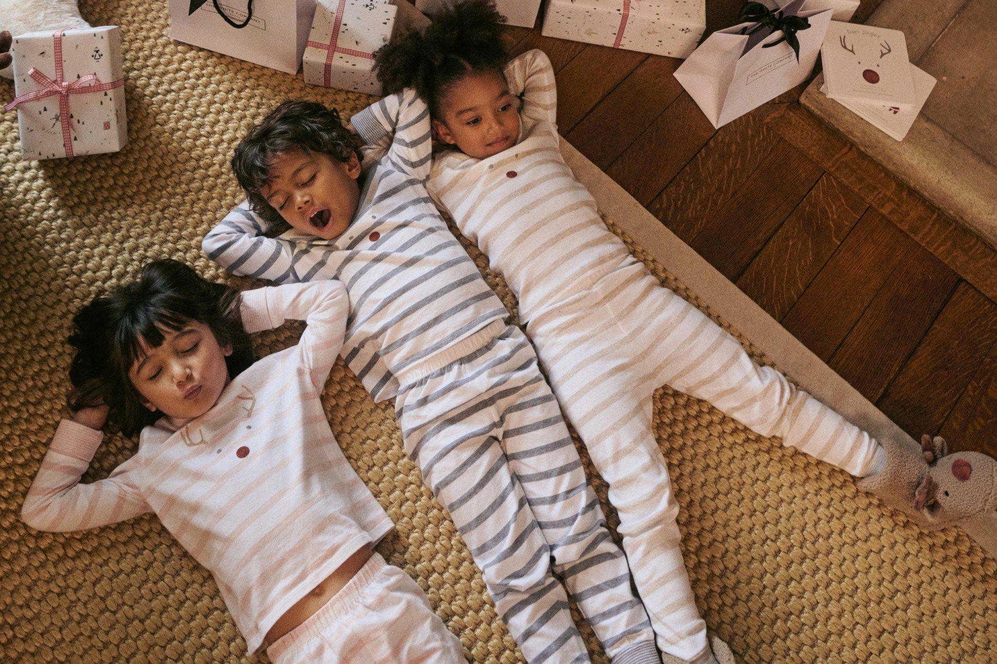 two pictures of two pictures of children in pajamas drinking coffee